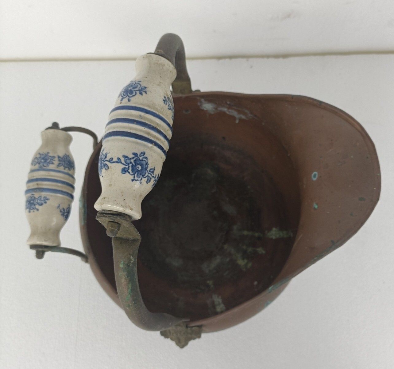 Antique Hammered Brass Kettle Bowl With Delft Blue White Porcelain Handles Plant photo furniture