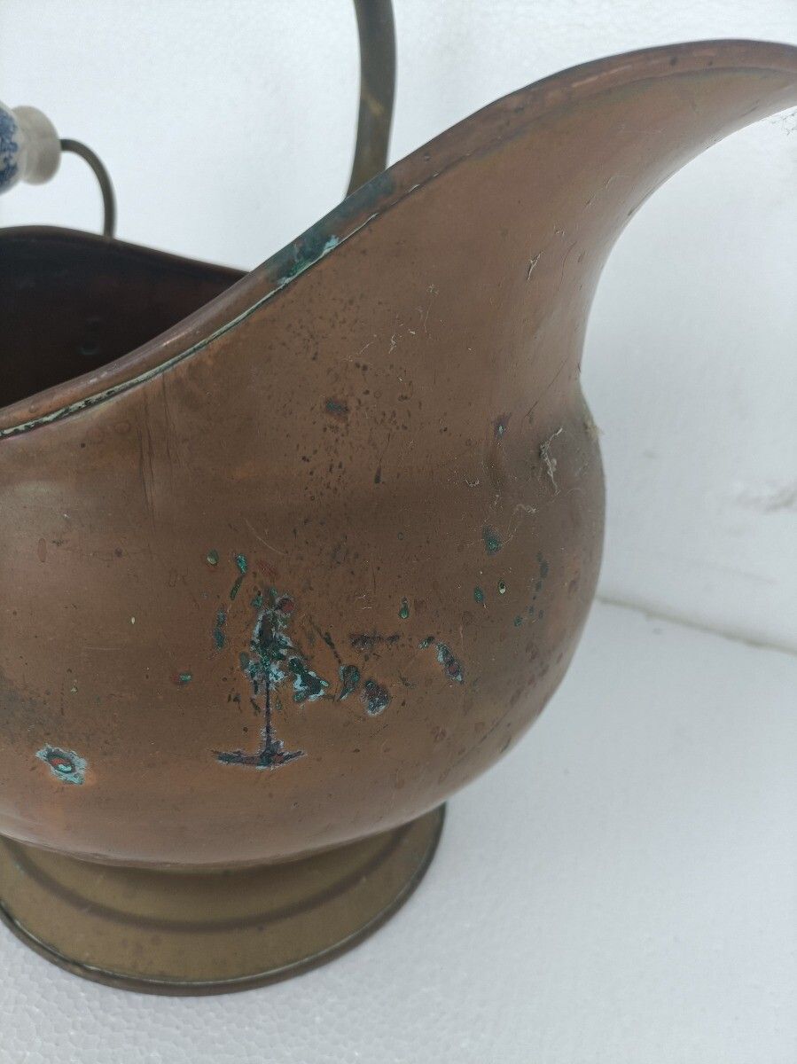 Antique Hammered Brass Kettle Bowl With Delft Blue White Porcelain Handles Plant photo buy