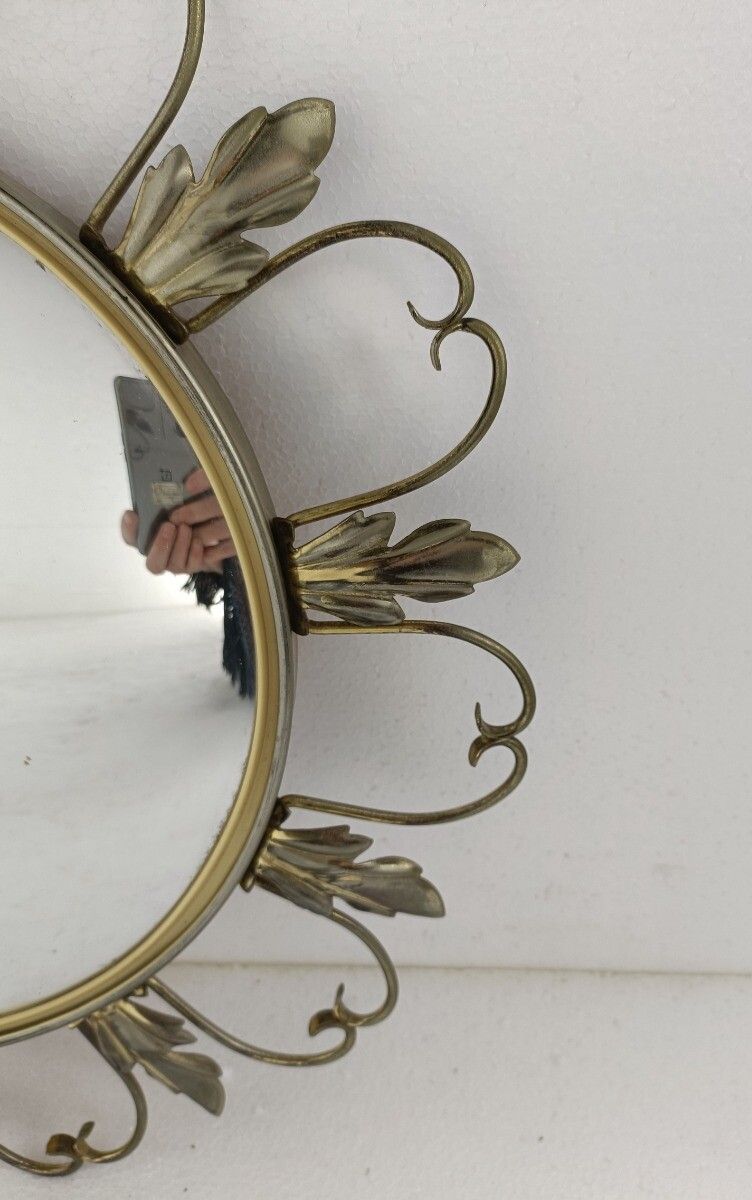 Retro Modernist Starburst Sunburst Metal Wall Convex Mirror Mid Century Leafs Re photo Home Decor