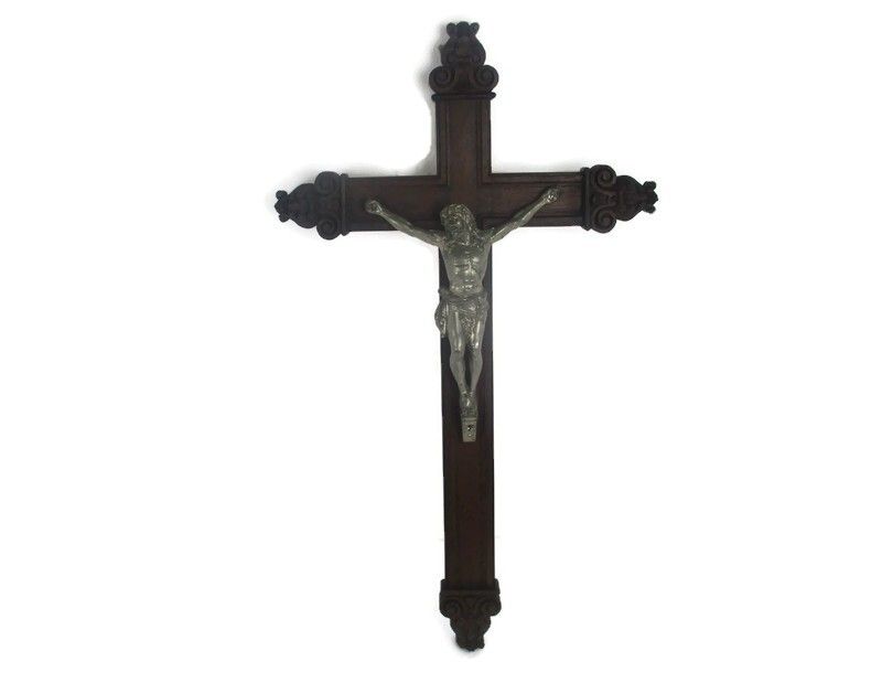 Xl Ornate Carved Oak Hanging Church Crucifix  Church Chapel Faux Brass Corpus