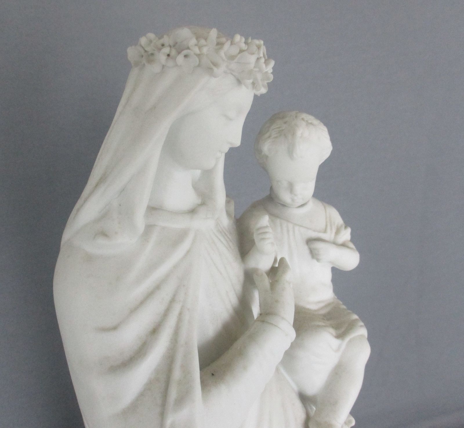 Large French Antique 1900 Bisque Statue Virgin Mary Our Lady With Infant Child F photo furniture