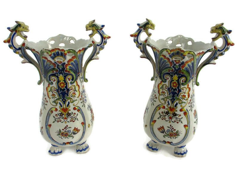 Pair French Vieux Rouen Polychrome Porcelain Vases Marked Dragon Handles Wow