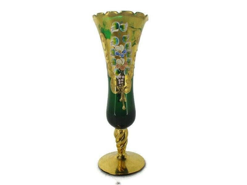 Moser Art Glass Hand Painted Small Vase Glass Twisted Stem Gold Gilded Bohemian