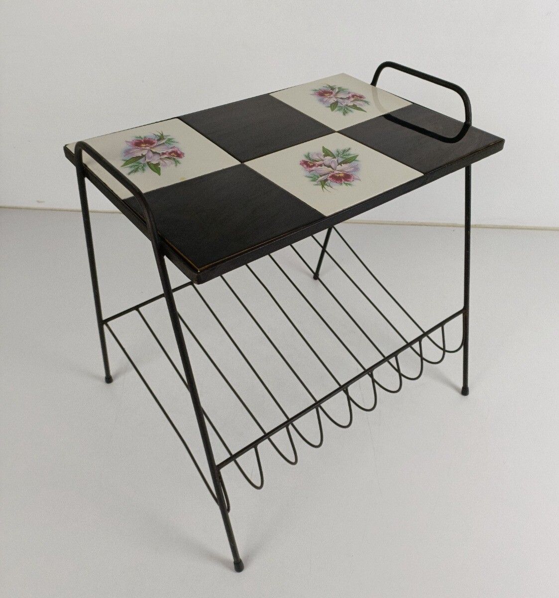 Side Table Magazine Newspaper Rack Basket  Wrought Iron Legs Ceramic Tiles Vinta photo for sale