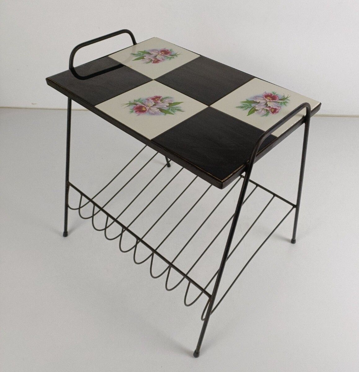 Side Table Magazine Newspaper Rack Basket  Wrought Iron Legs Ceramic Tiles Vinta photo Furniture