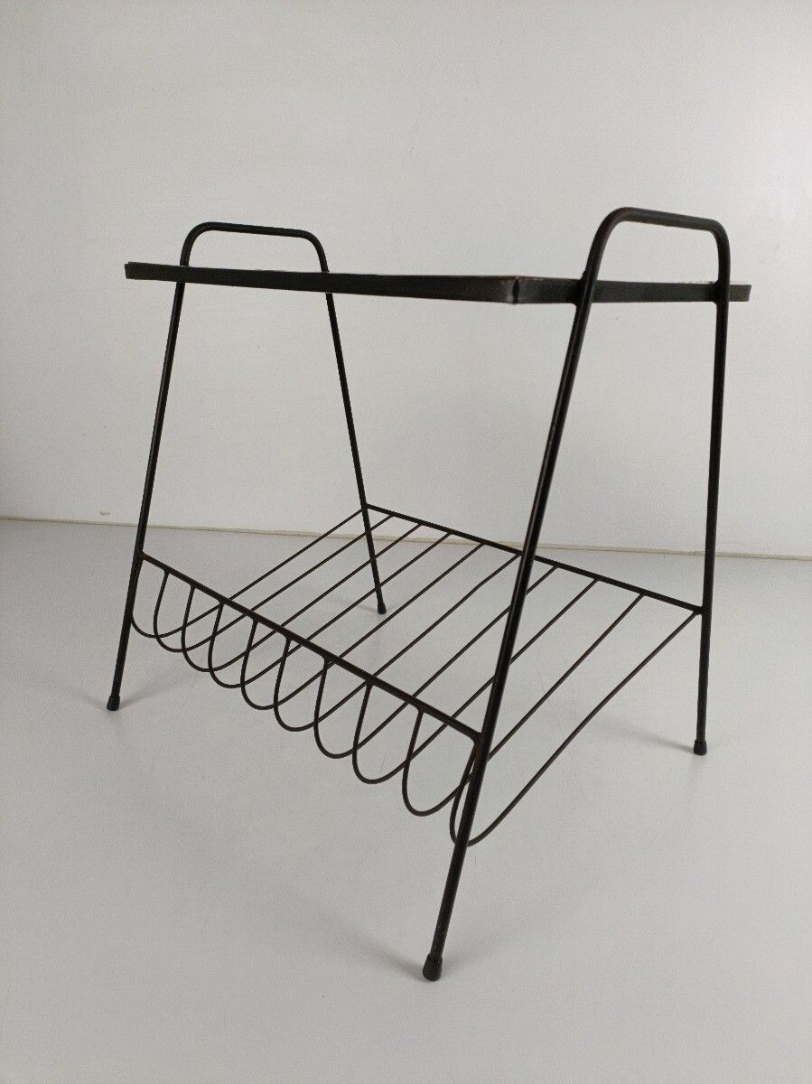 Side Table Magazine Newspaper Rack Basket  Wrought Iron Legs Ceramic Tiles Vinta photo 223.0