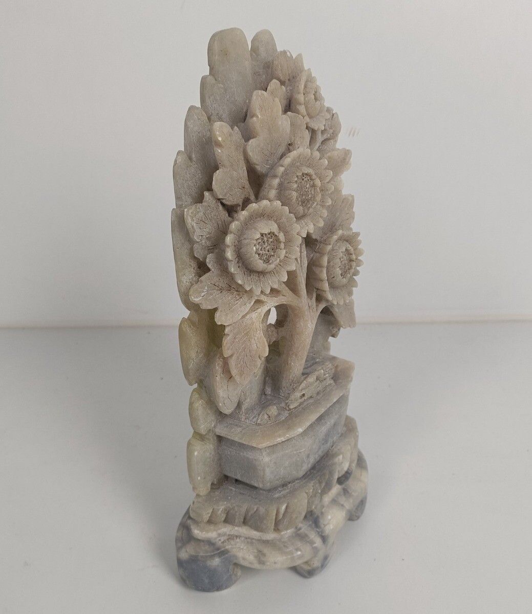Art Sculpture Figurine  Carving On Base Sunflowers  Soap Stone Vintage  Grey photo for sale