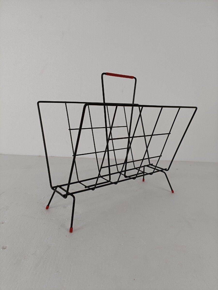 Vintage Mid Century Modern Magazine Newspaper Basket Rack Funky  Wrought Iron Ma photo furniture