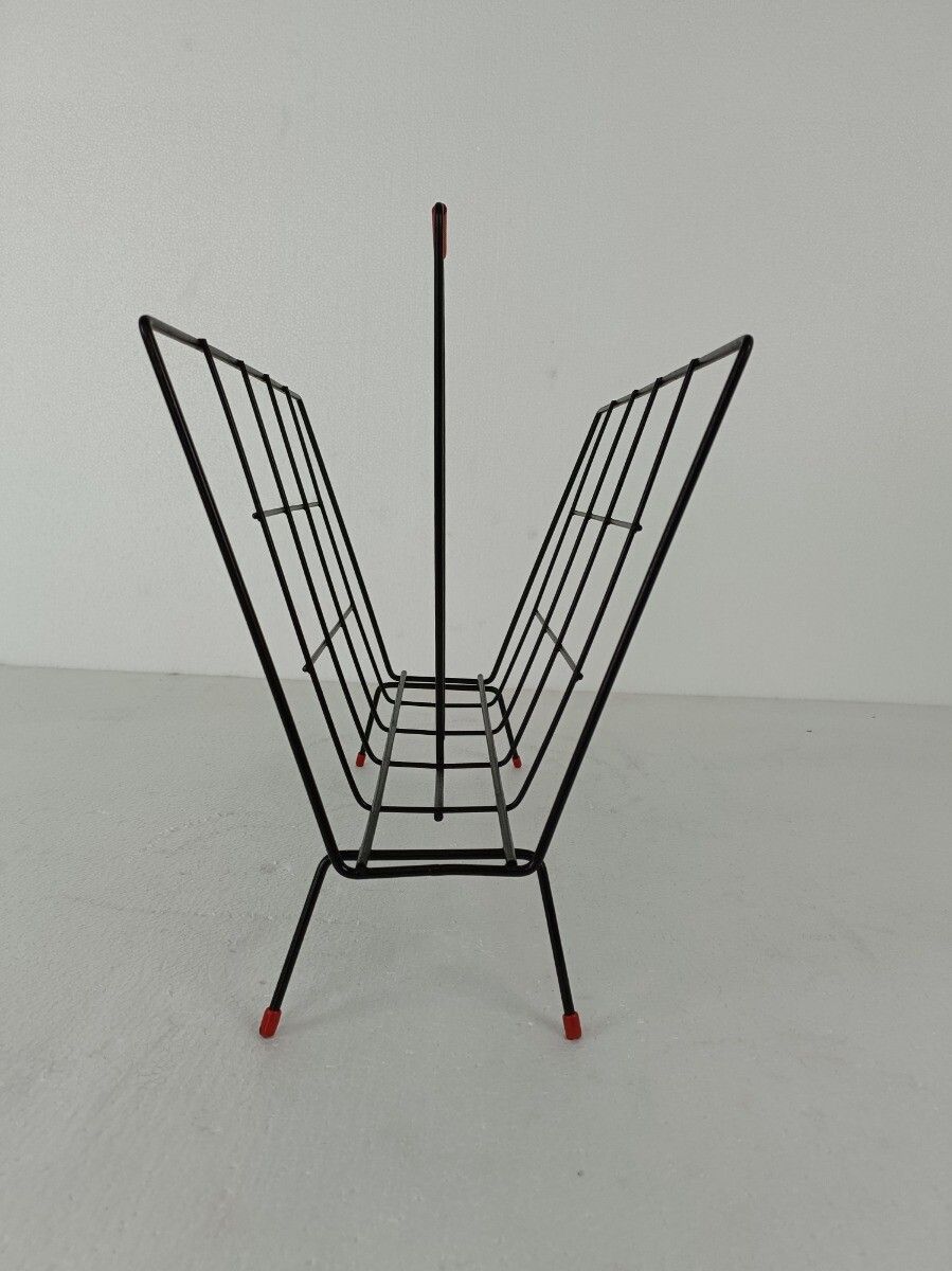 Vintage Mid Century Modern Magazine Newspaper Basket Rack Funky  Wrought Iron Ma photo vintage