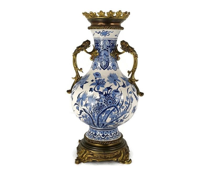 Xl Vase Lovecup Delft Blue White Brass Handles Angels Peacock Feathers Vintage
