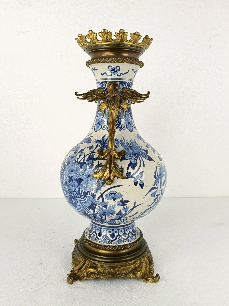Xl Vase Lovecup Delft Blue White Brass Handles Angels Peacock Feathers Vintage photo Home Decor