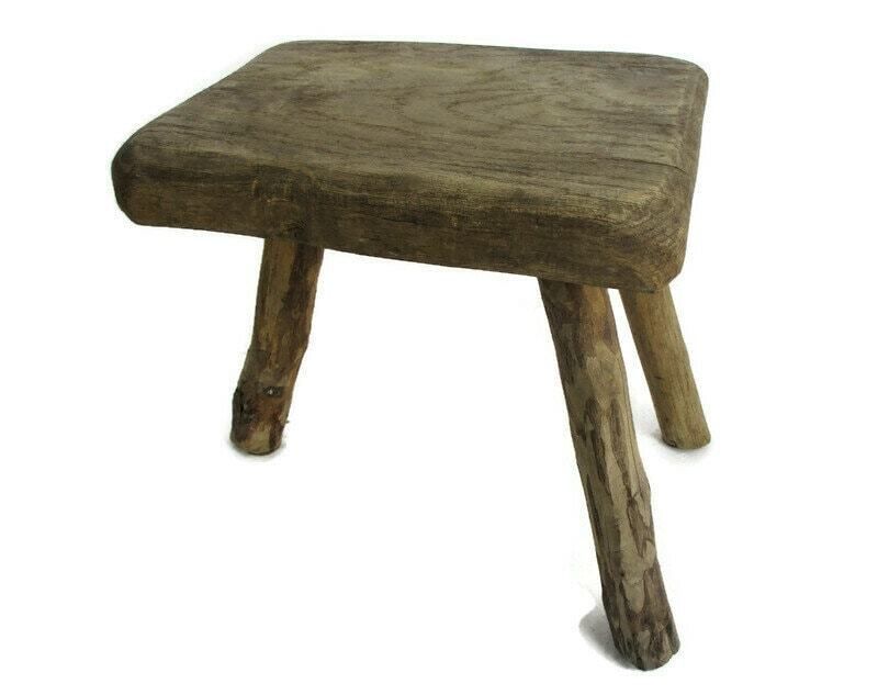 Vintage Hand Carved Wood  Milking Stool Pedestal Table Plant Flower Bonsai Stand