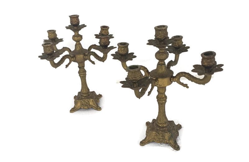 Couple Candle Holders Brass Ornate Hollywood Regency Style Candelabra 5 Arm