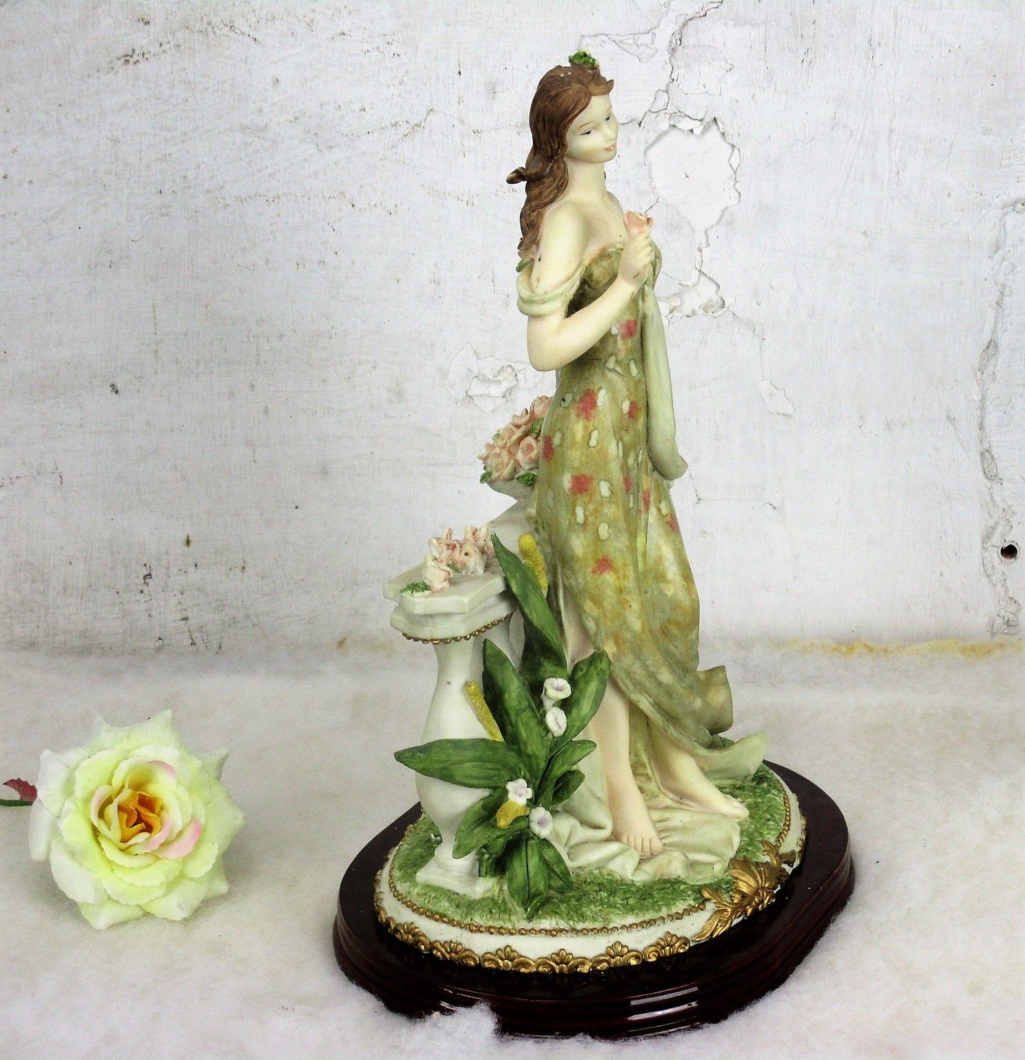 Vintage Statue Figurine Young  Flower Girl  Resin Flowers Elf Lion Head photo Art