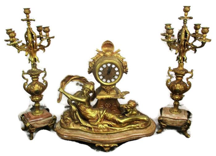 3 Piece Garniture Mantle Set Candelabras Lady Angel Hermle Clock Set Working Wow