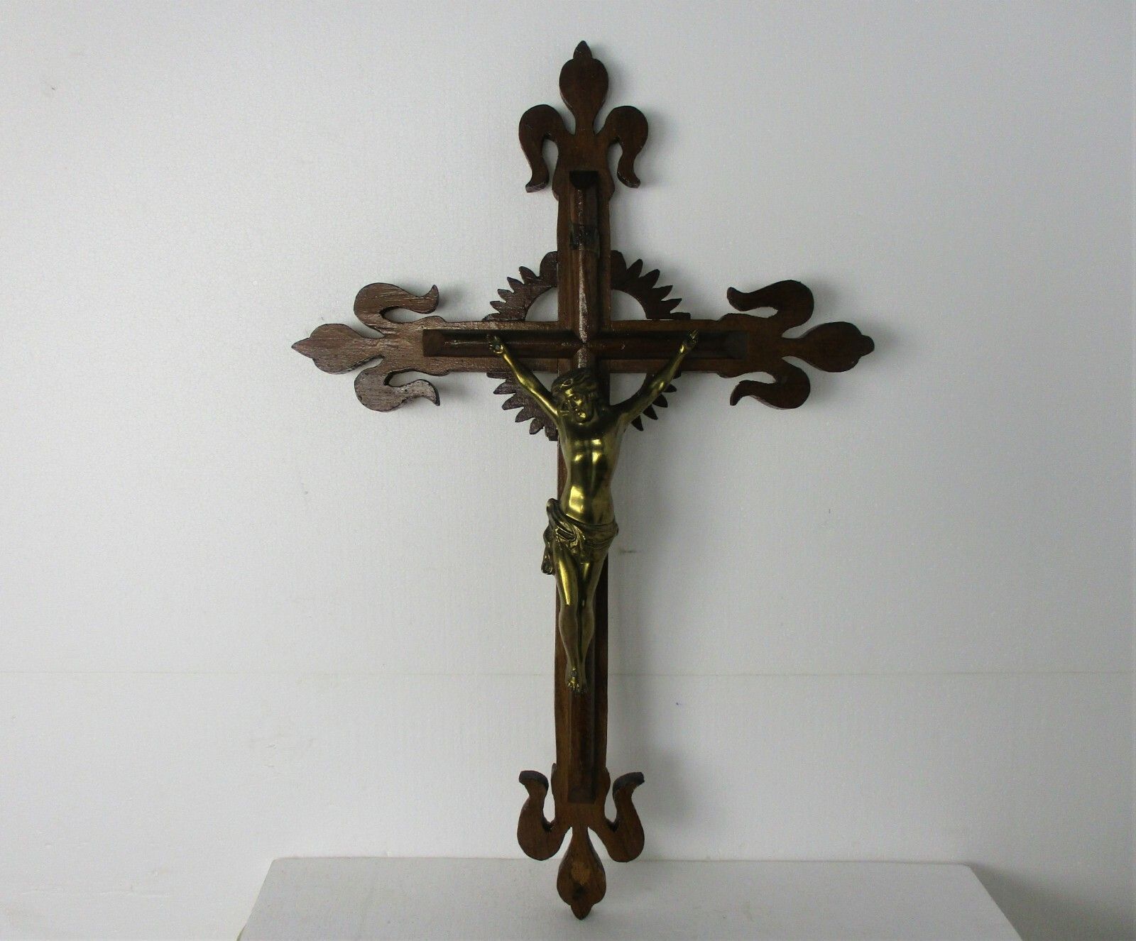 Xl Hand Carved Wood  French Hanging Ornate Crucifix Jesus Christ Fleur De Lis photo furniture