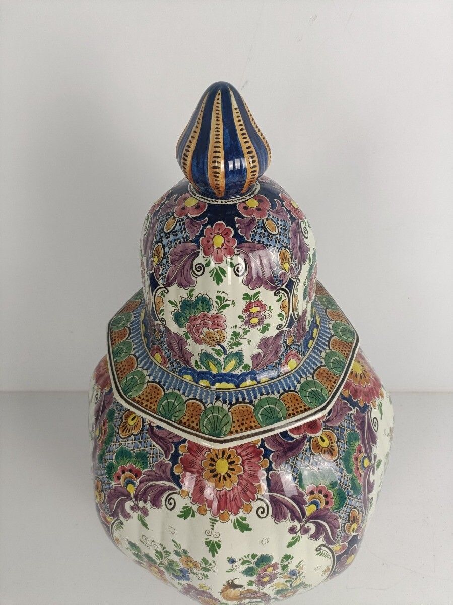 Huge Impressive Urn Vase Lidded Polychrome Bird Hand Painted Delft Marked Xxl photo furniture