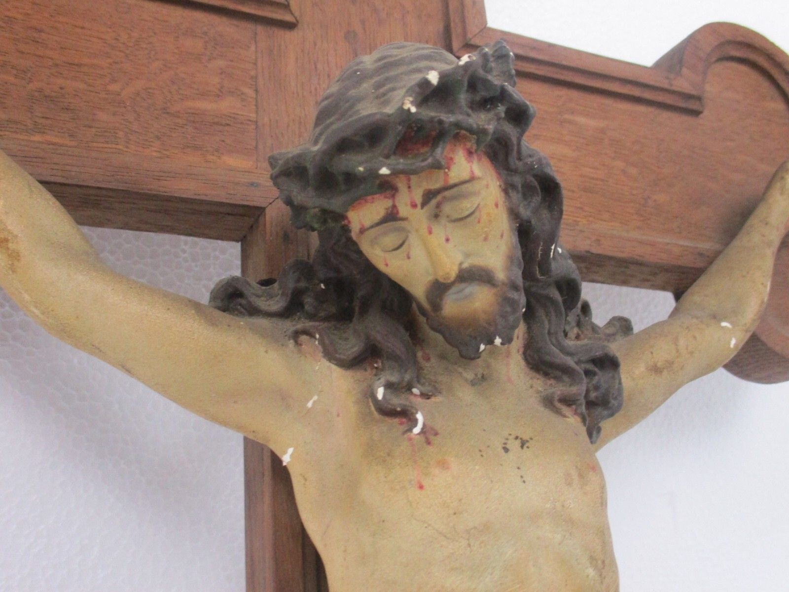 Xl Wood Hanging Church Crucifix Plaster Dramatic Gorgeous Corpus Piece Of Art photo for sale