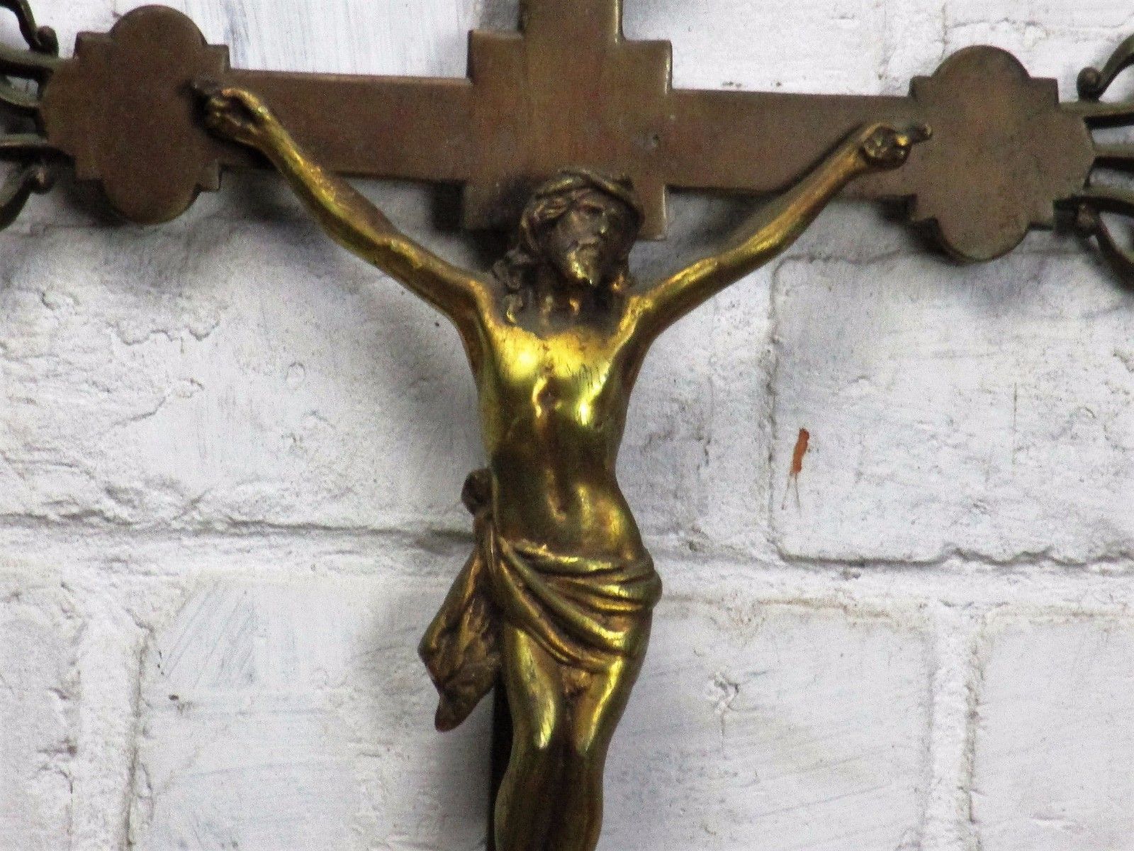 French Hanging Ornate Crucifix Cross Brass Jesus Christ  Fleur De Lis Wow 20.47" photo furniture