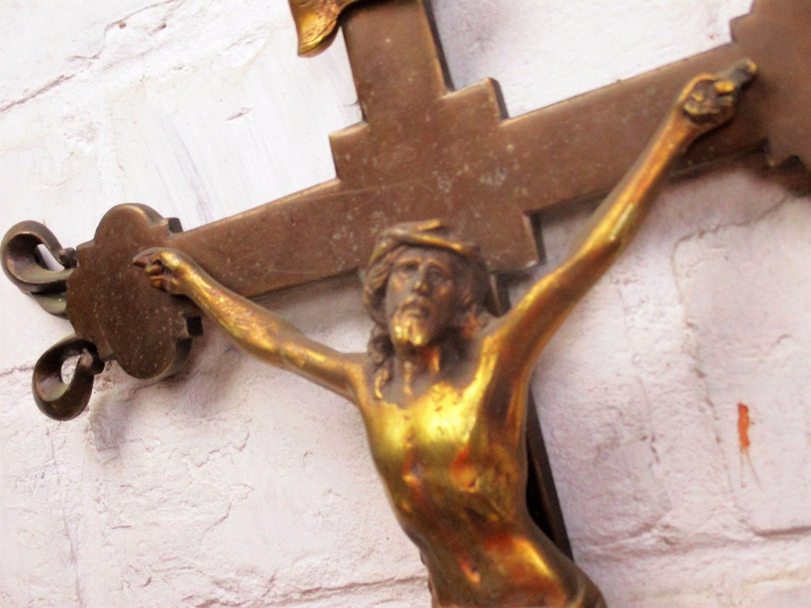 French Hanging Ornate Crucifix Cross Brass Jesus Christ  Fleur De Lis Wow 20.47" photo Art