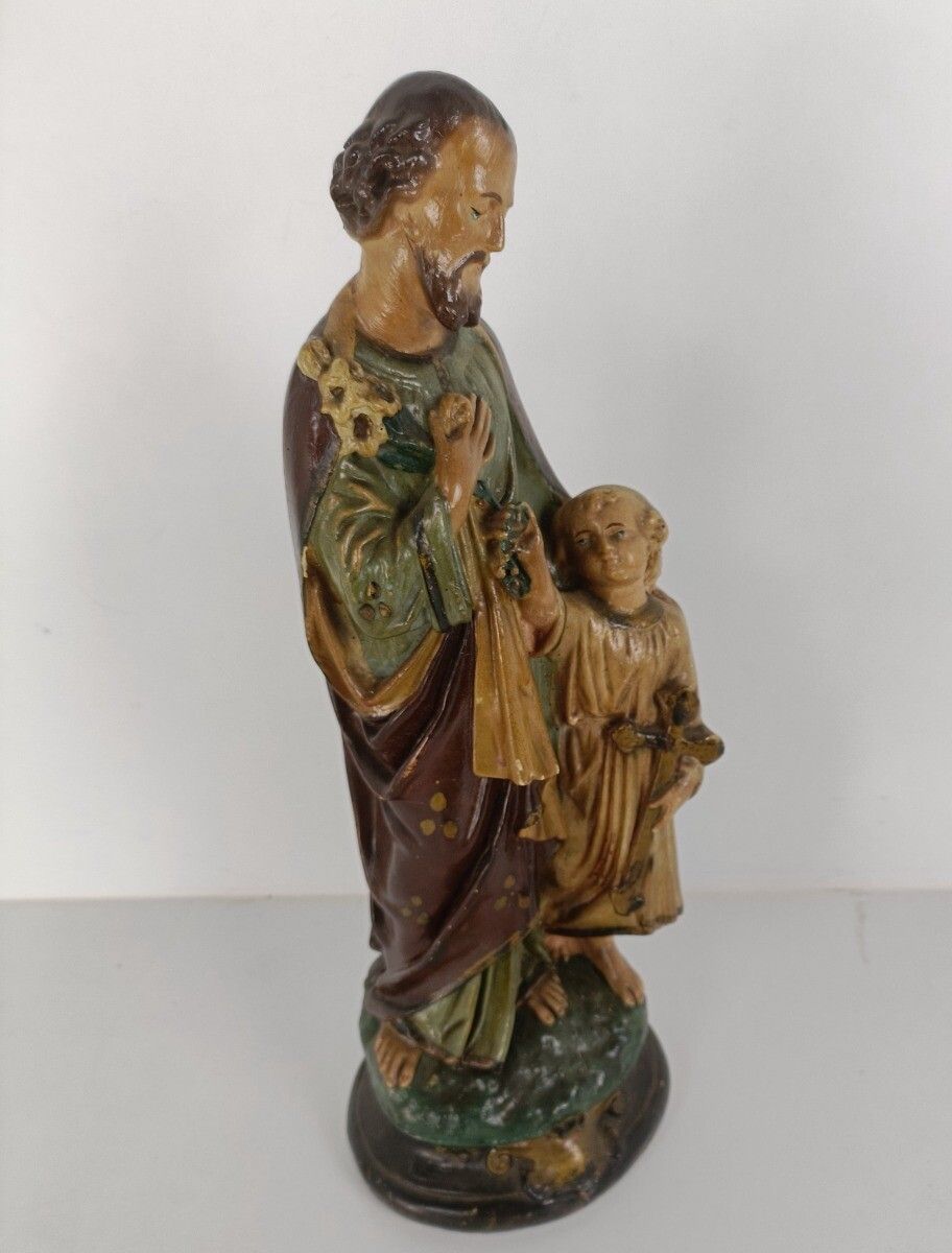 Antique Statue Saint Joseph Protector Of Homes Infant Jesus Polychrome Plaster N photo for sale