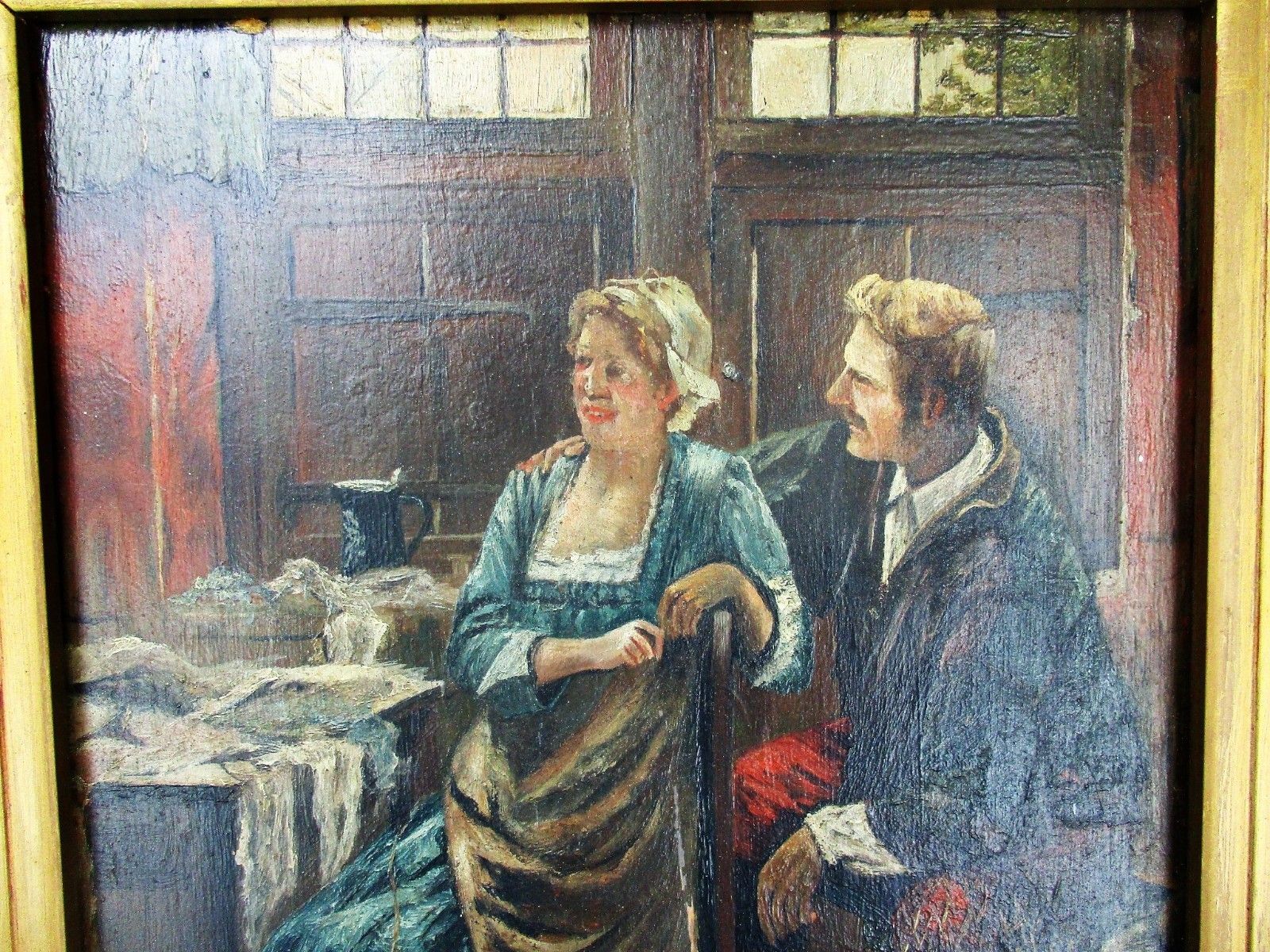 Oil Painting On Wood  Framed Couple In Bar Victorian Scene Gorgeous Frame Signed photo Art