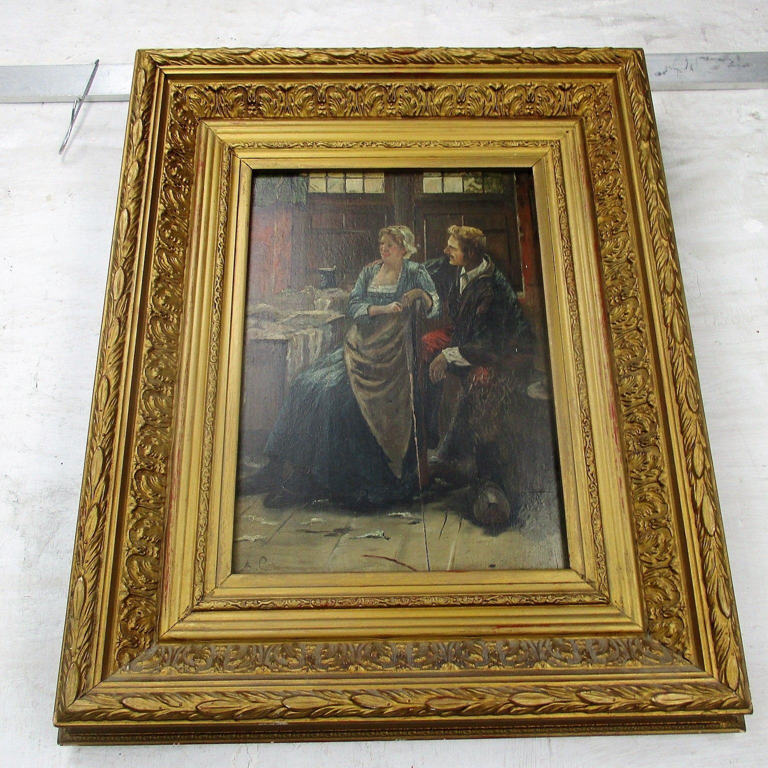 Oil Painting On Wood  Framed Couple In Bar Victorian Scene Gorgeous Frame Signed photo vintage