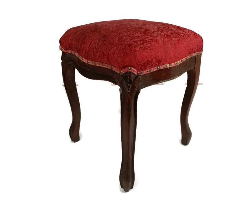 Antique Footstool Ottoman Wooden Legs Foot Rest 19th Century Louis XV Style Pink