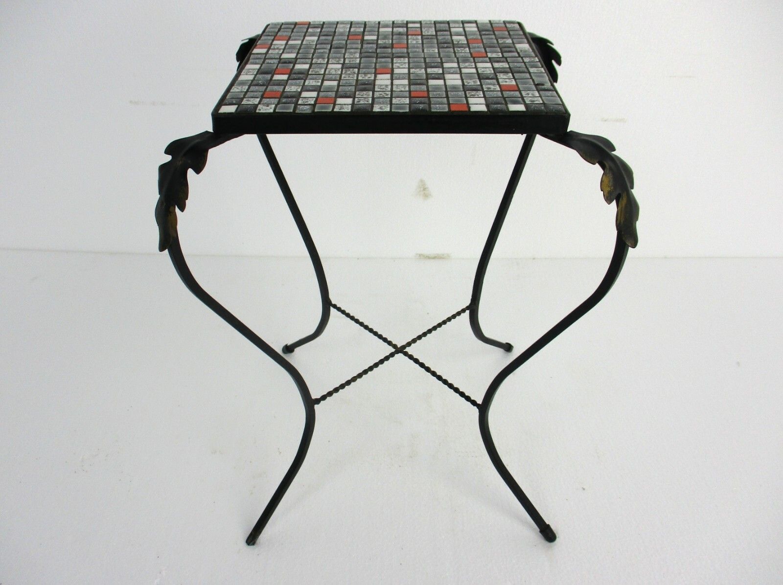 Vintage Small Side Table Plant Stand Mosaic Tiles Checkered Pattern Wrought Iron photo furniture