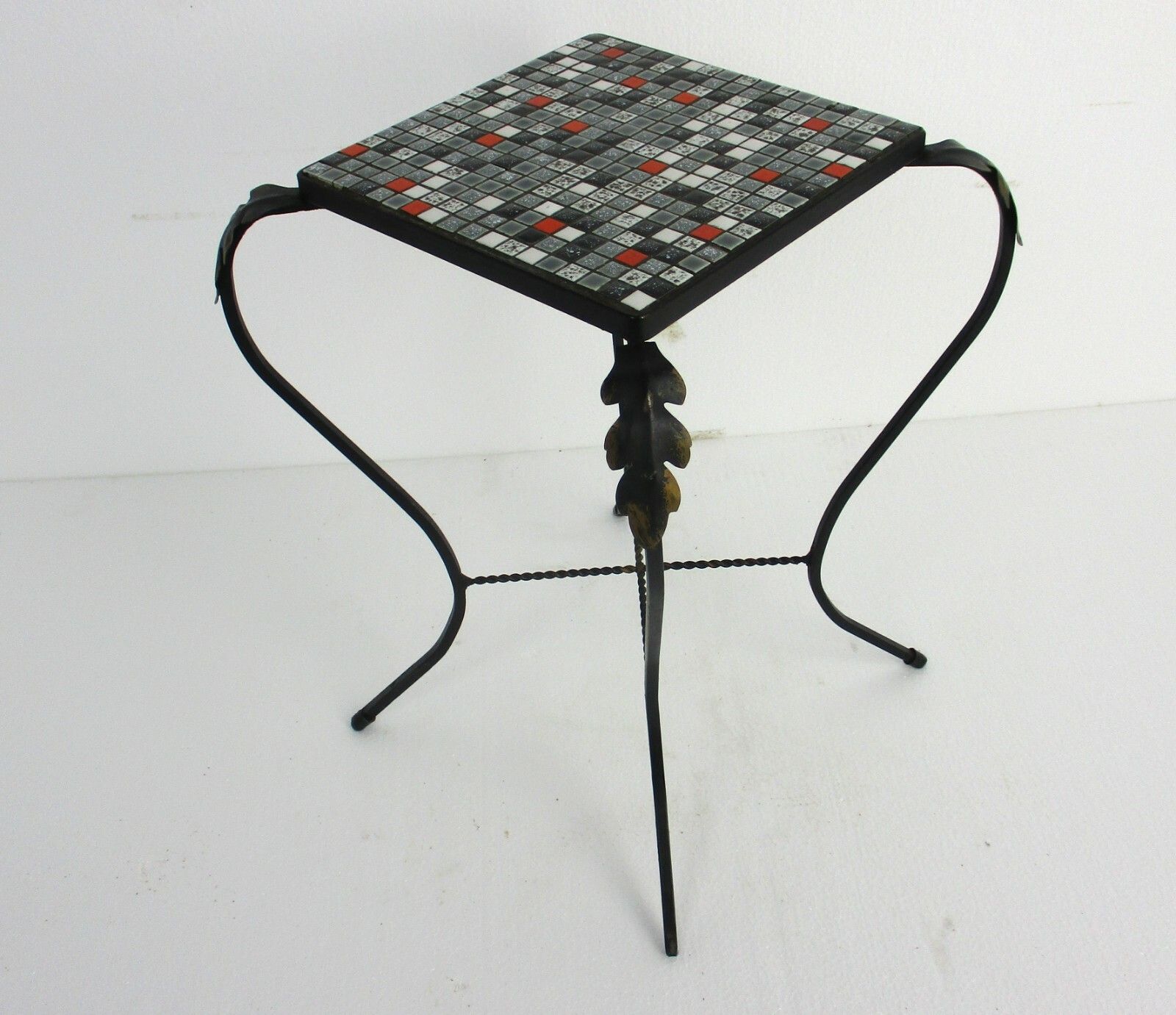 Vintage Small Side Table Plant Stand Mosaic Tiles Checkered Pattern Wrought Iron photo for sale