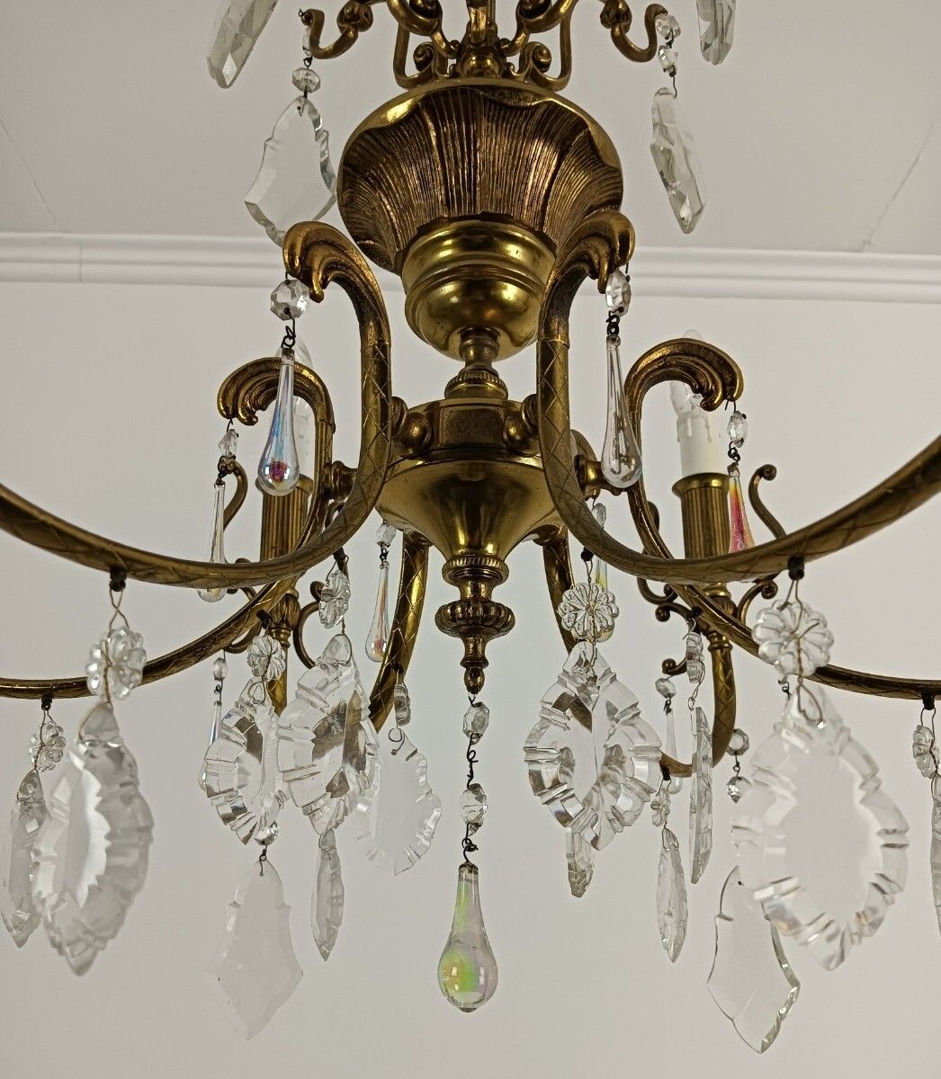French Chandelier Romantic With Prisms Gold Gilded Brass Vintage Fixture Lamp Ho photo vinterior