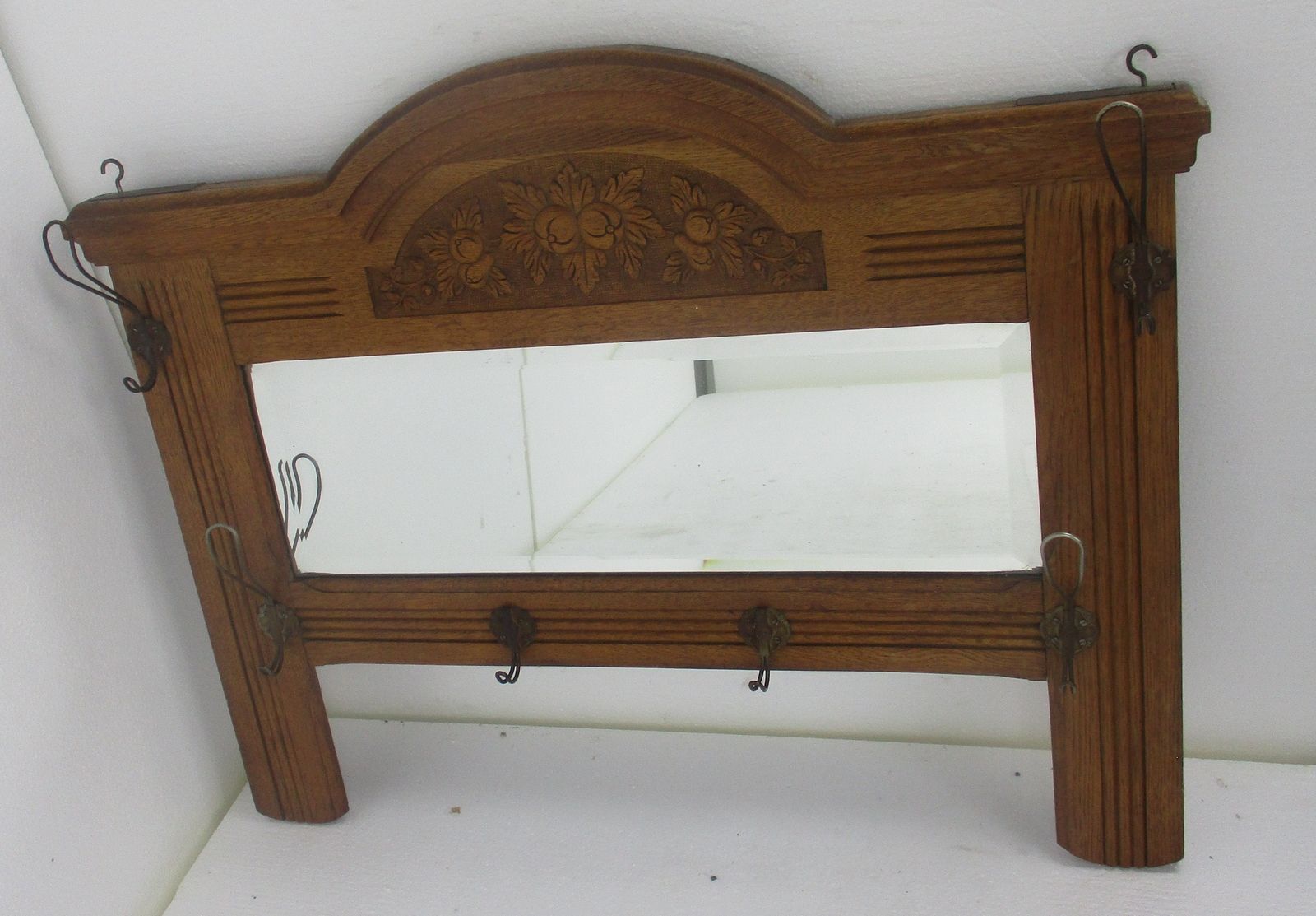 Antique Gorgeous Large Beveled Glass Mirror Hand Carved Wood Coat Rack Wow Hallw photo furniture