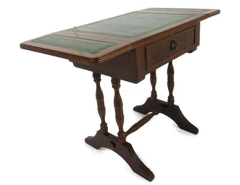 Antique Hallway Drop Gate Gaming Side Table Wood Faux Leather Country Style Gorg