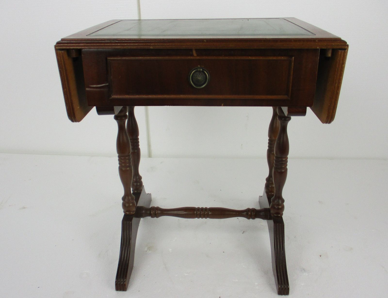 Antique Hallway Drop Gate Gaming Side Table Wood Faux Leather Country Style Gorg photo for sale