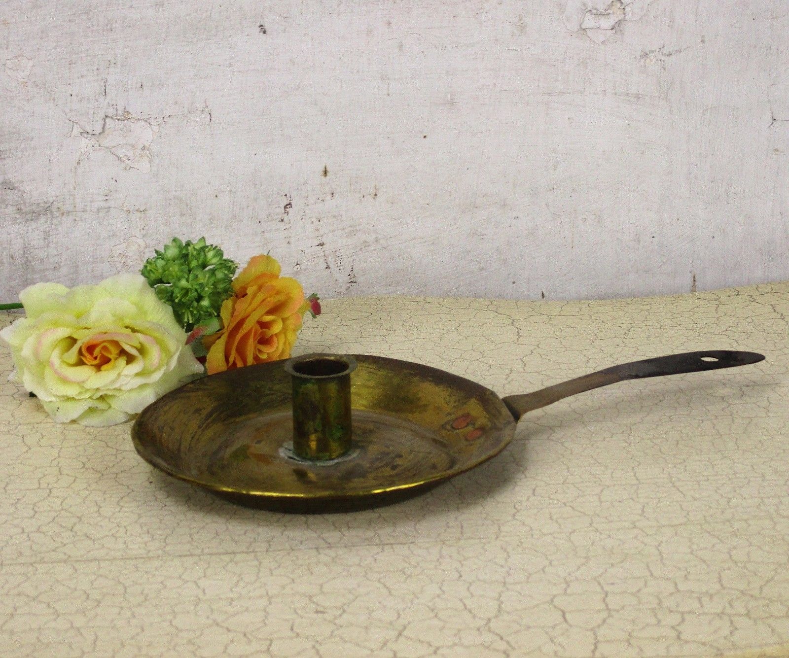 19th Century Antique Hand Hammered Brass Candle Holder Chamberstick  Htf photo furniture