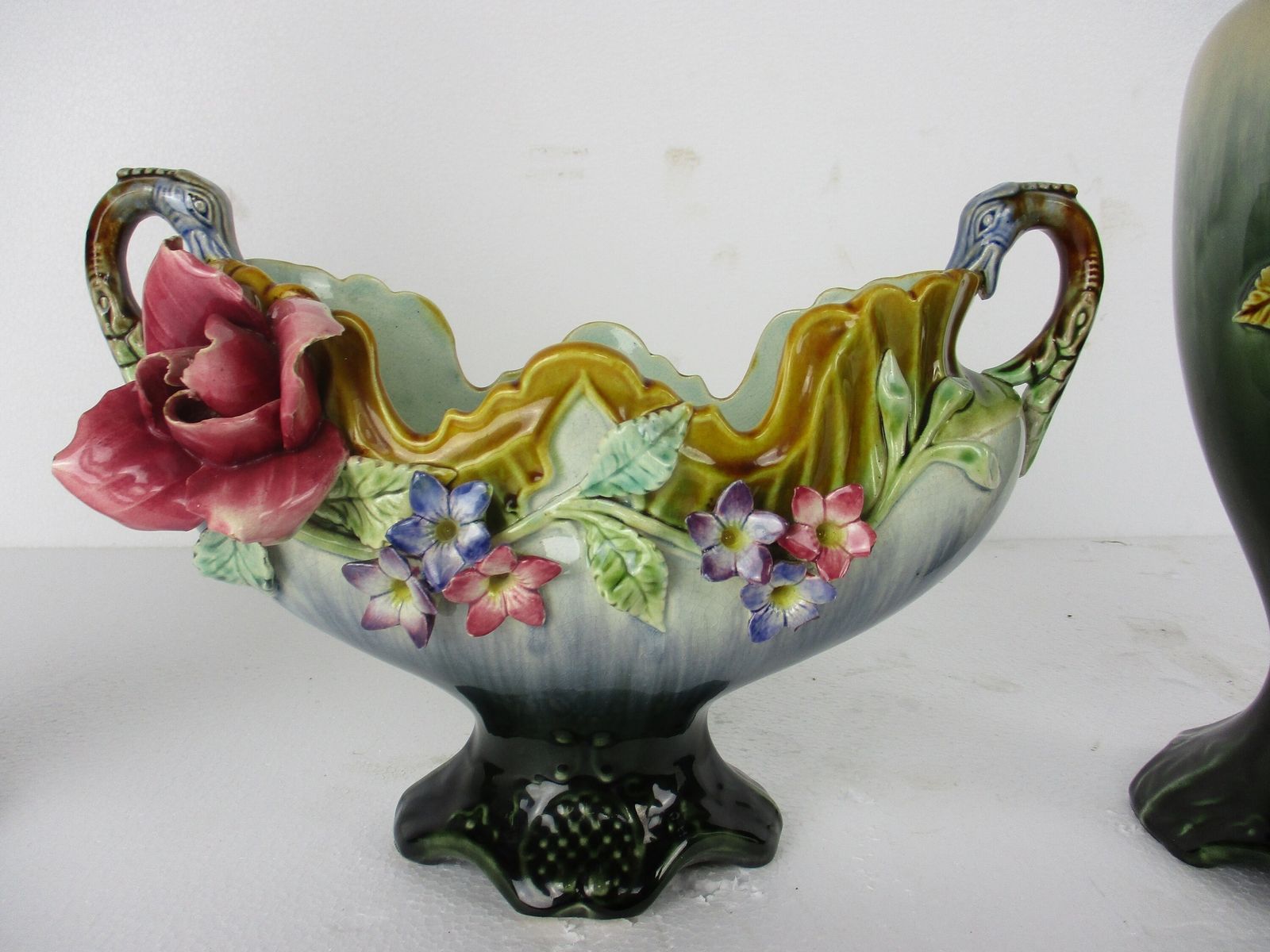 Set Of 3 French Barbotine Majolica Vases Planters Centerpiece Pitchers Art Nouve photo for sale