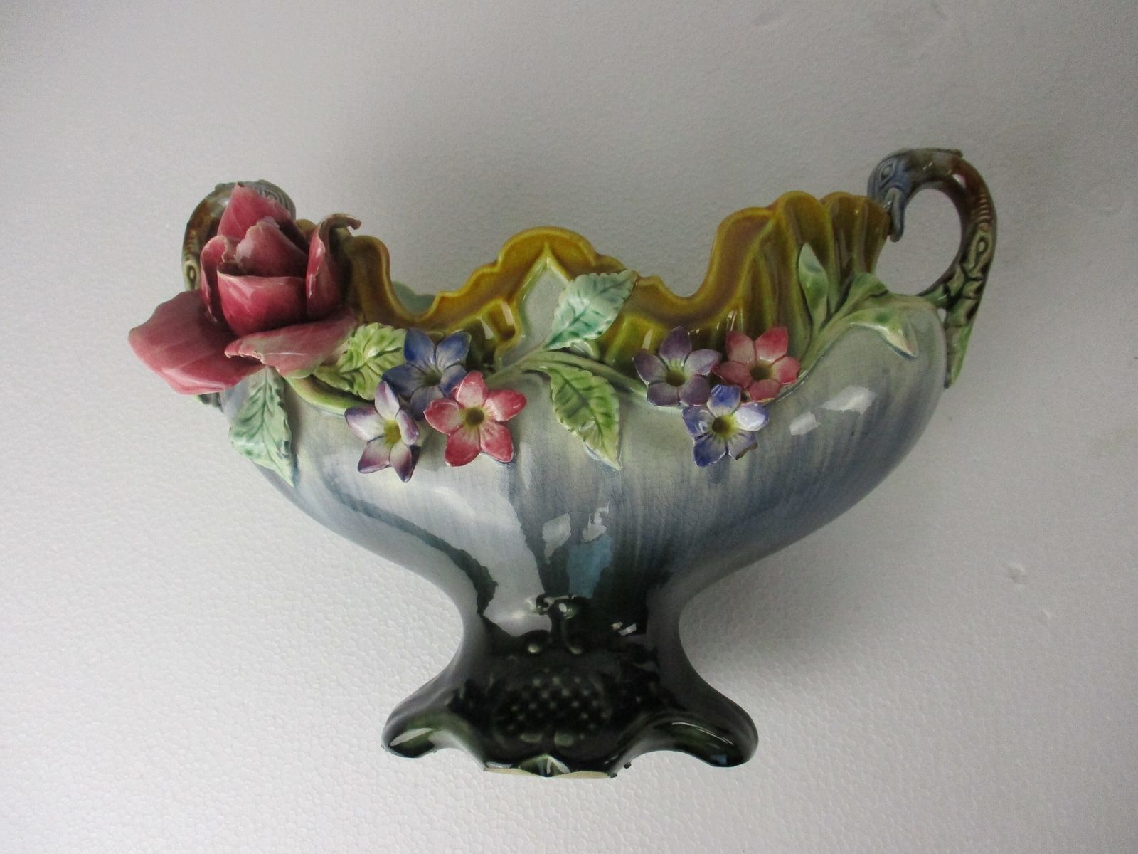 Set Of 3 French Barbotine Majolica Vases Planters Centerpiece Pitchers Art Nouve photo vinterior
