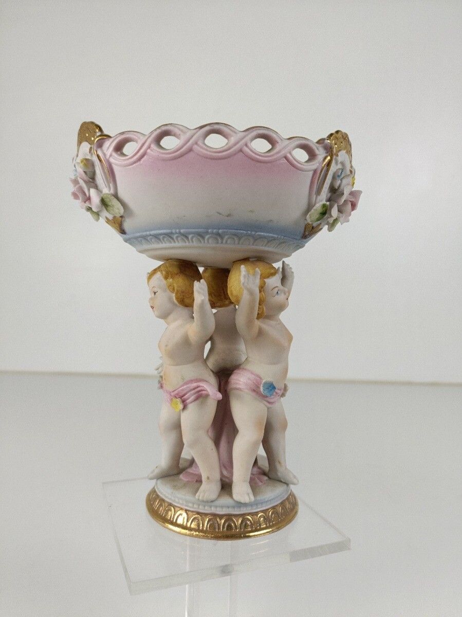 Porcelain Centerpiece Statue Basket 3 Lovely Children Carrying Basket Flowers VI photo for sale