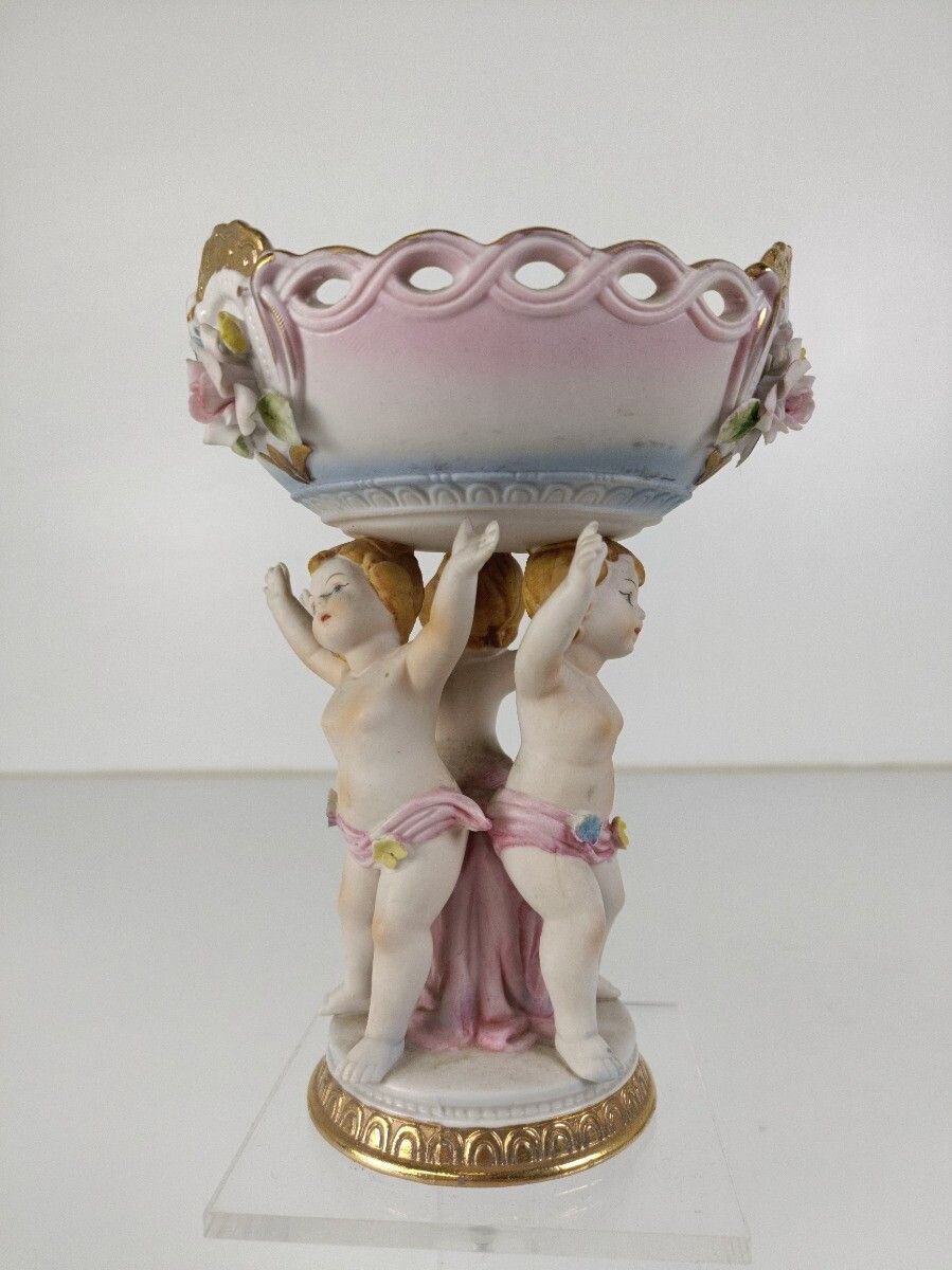 Porcelain Centerpiece Statue Basket 3 Lovely Children Carrying Basket Flowers VI photo 81.0