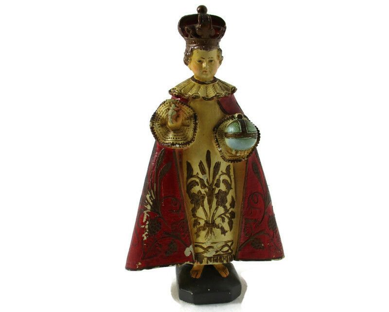 Statue Infant Of Prague Infant Jesus Santo Nino Plaster Lovely Antique 12.59"
