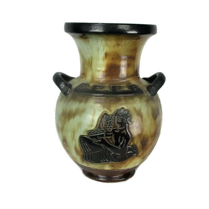 Art Deco Revival Vase Marked Guerin 3 Handles Greek Mythology Stoneware  12.20"