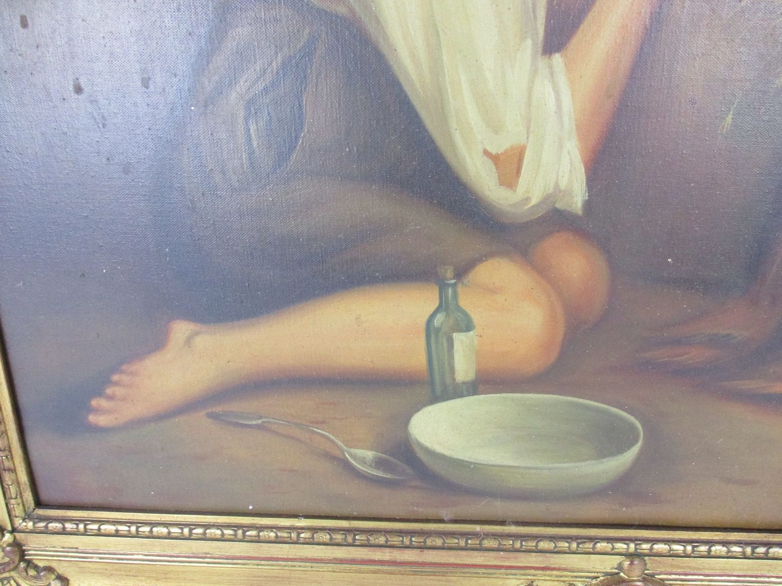 Oil Painting On Canvas Gorgeous Wooden Frame Girl Looking After Sick Dog  Exquis photo for sale