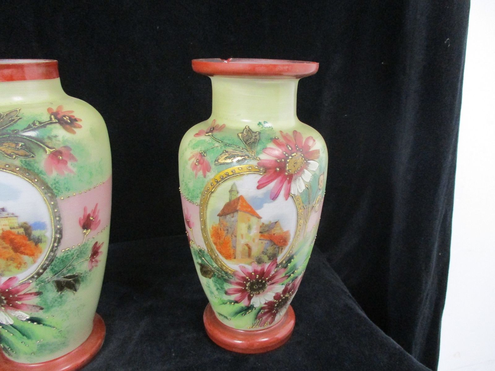 Set Of 3 Antique Vases Garniture Set Hand Painted Art Glass Ormolu Flowers Castl photo furniture