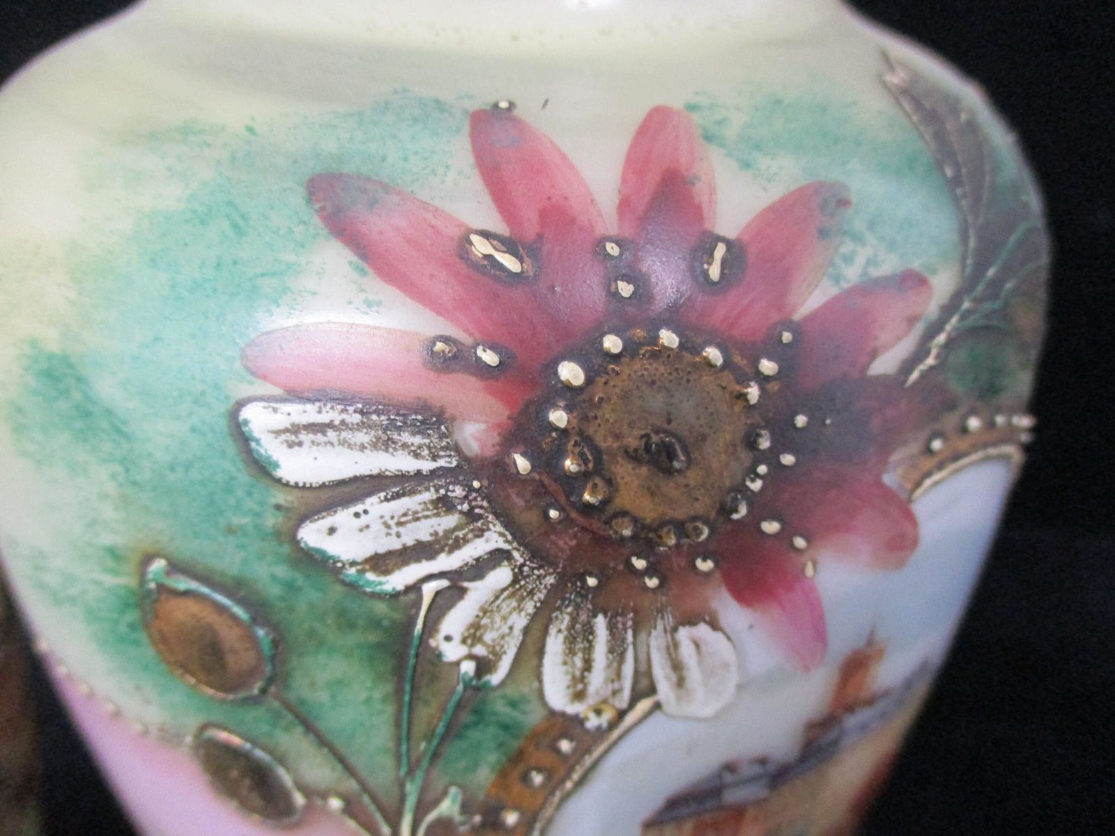 Set Of 3 Antique Vases Garniture Set Hand Painted Art Glass Ormolu Flowers Castl photo vinterior