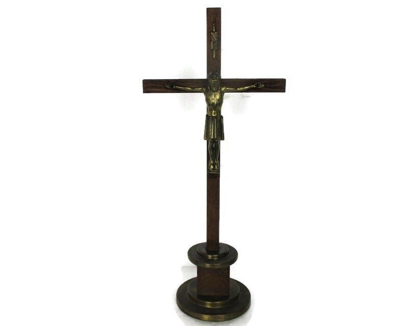 Standing Crucifix Corpus Christi Cross Jesus Christ Calvary Brass Wood Modernist