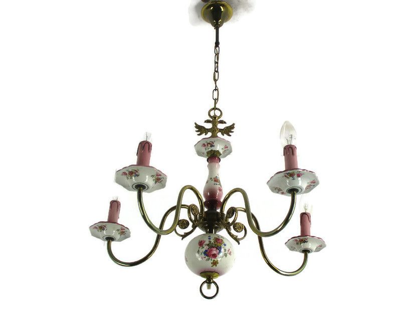 Chandelier 5 Arms Lights Ceramic Porcelain Brass Italian Style Romanticflowers
