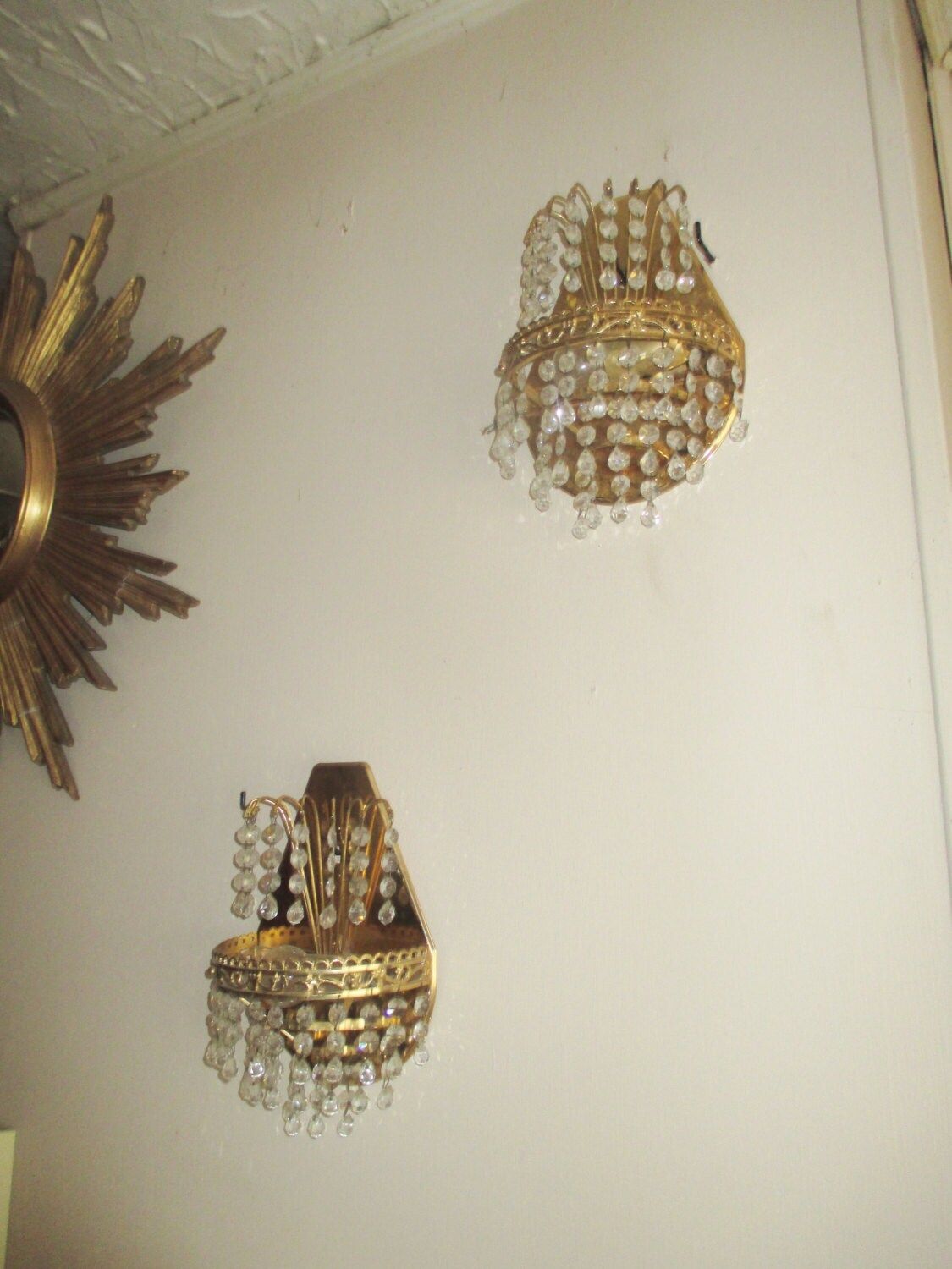 Antique Italian Petite Empire Brass Prisms Chandelier Sconces Wall Lamps Pair photo for sale