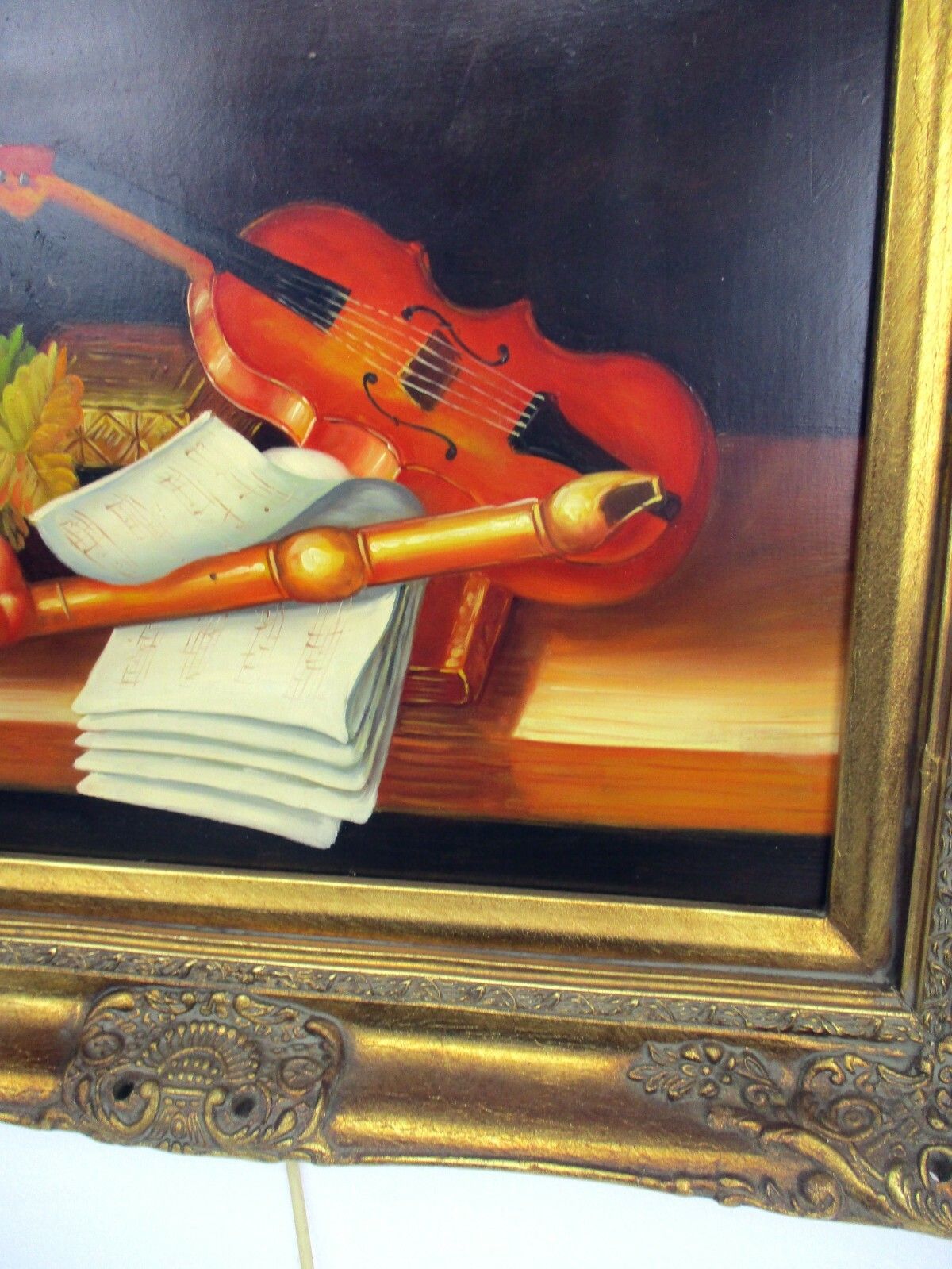 Oil Painting On Wood Gorgeous Wooden Frame With Lamp Still Life Violin Signed photo buy