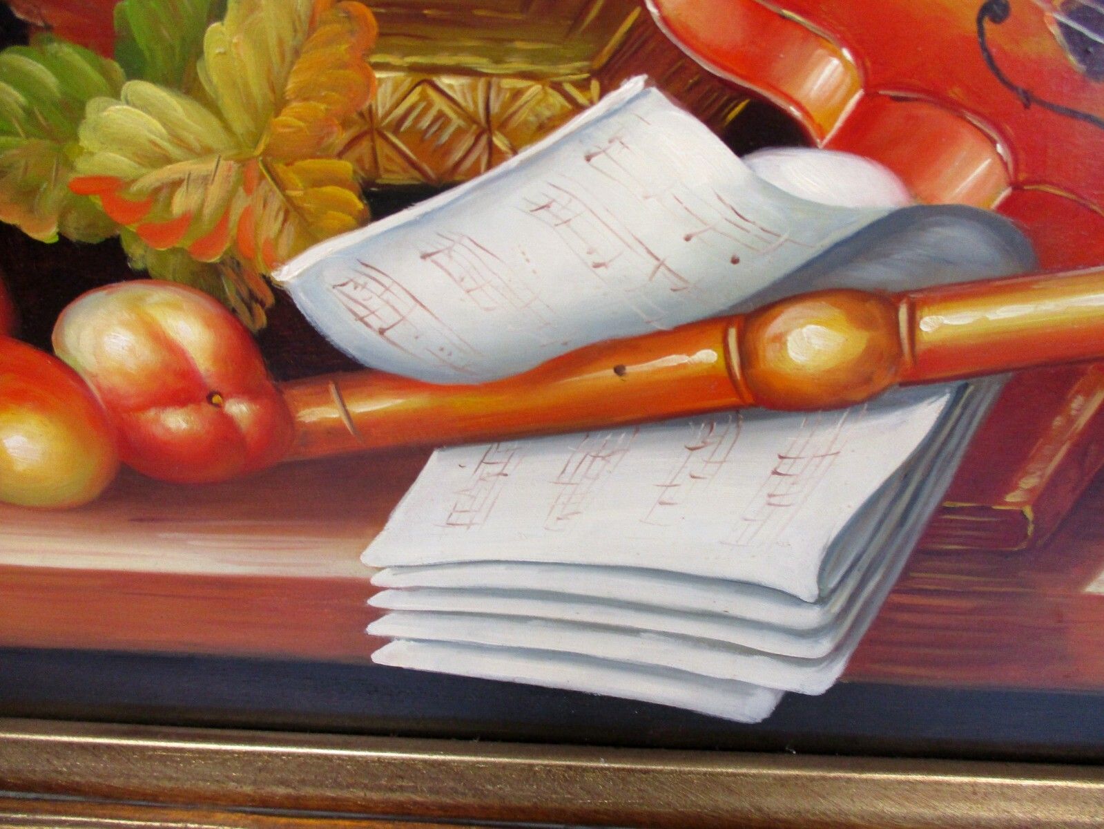 Art Oil Painting On Wood Gorgeous Wooden Frame With Lamp Still Life Violin Signed photo