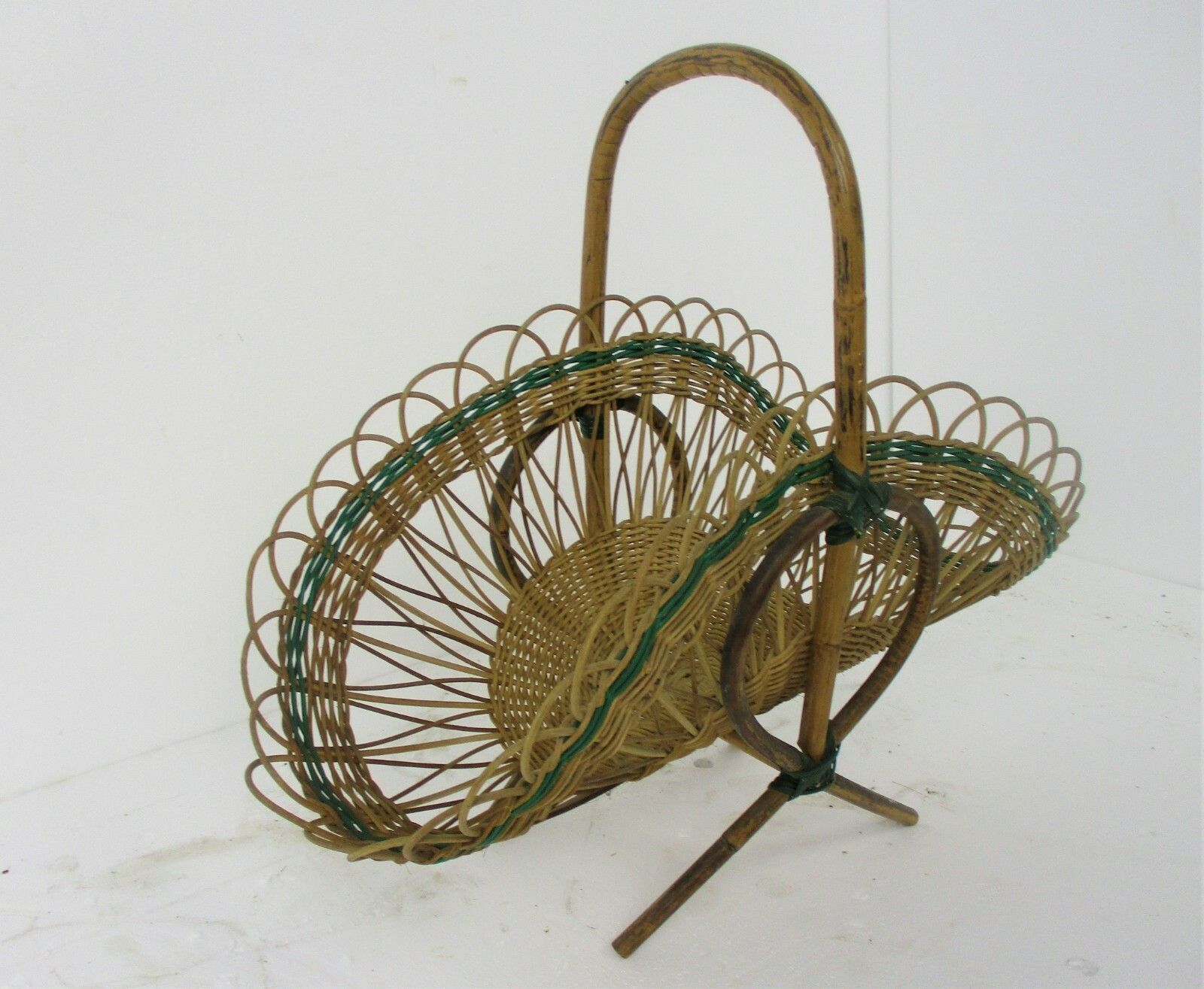 Vintage Rattan Wicker Magazine Newspaper Basket Rack Hobo Chick Barn Country photo for sale